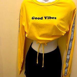 Good Vibes & Racing Stripes, Long Sleeve, Crop Top w/ Drawstring
